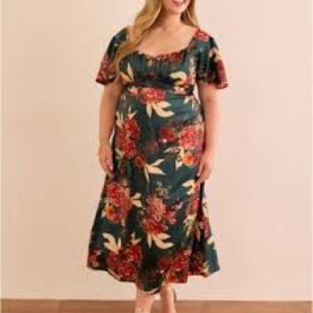 ARULA Teal Floral Midi Dress with Red and Cream Blooms